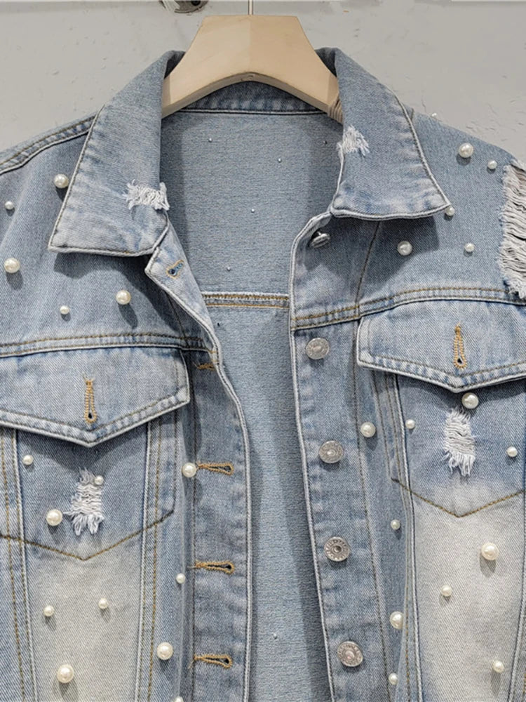 Badge of Pearls Distressed Washed Single Breasted Short Jackets Autumn New Fashion