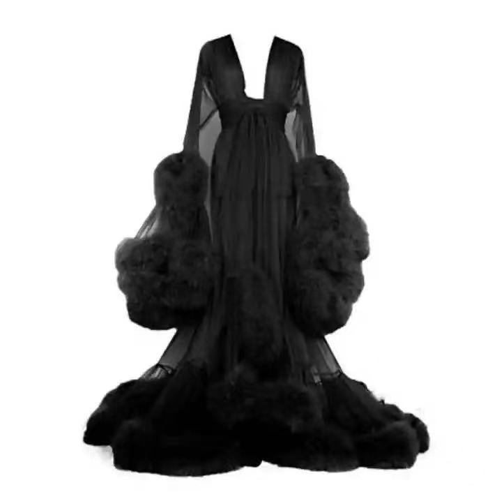 LA BELLA Sexy Lingerie Women's Sexy Feather Trumpet Sleeve Trailing Long Skirt Imitation Rex Rabbit Fur Sexy Nightdress Perspective Temptation Suit