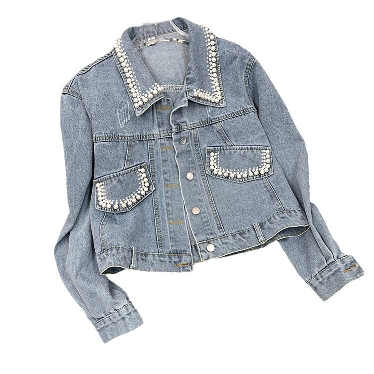 Design Denim Jacket for Women Spring Autumn Loose Fit Embroidered Beaded Outerwear Coat