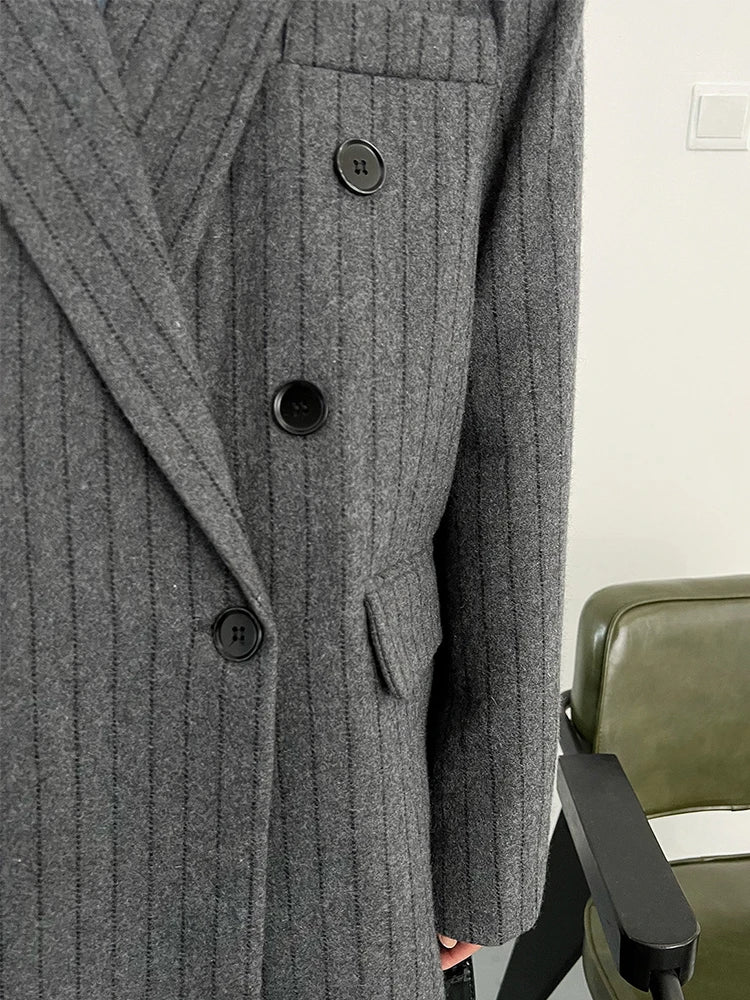 Autumn Winter Long Loose Casual Stylish Striped Woolen Coat Women Double Breasted British Style Fashion Overcoat