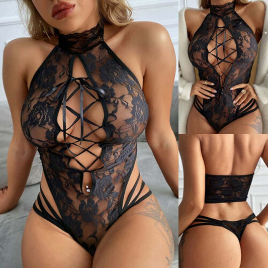 LA BELLA Sexy Lingerie Sexy Lace Hollow Straps See-Through Cat Girl Jumpsuit