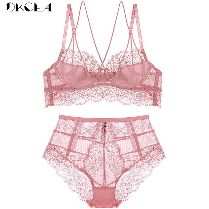 LA BELLA New High Waist Gray Bra Embroidery Lingerie Sets Fashion Brassiere Transparent Black Deep V Lace Underwear Women Bra Set