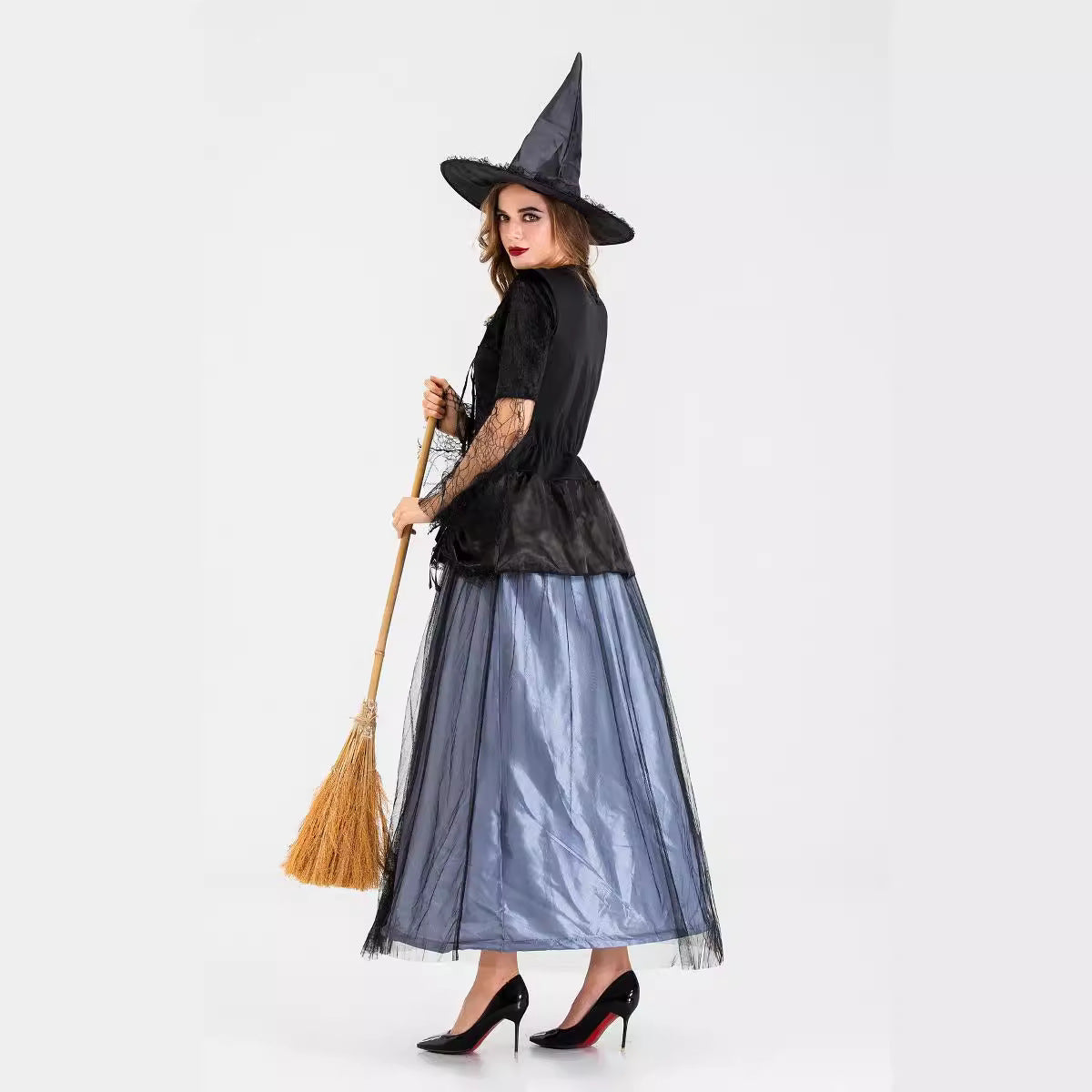 Halloween Cosplay Witch Costume Women's Black Lace Mesh Dress