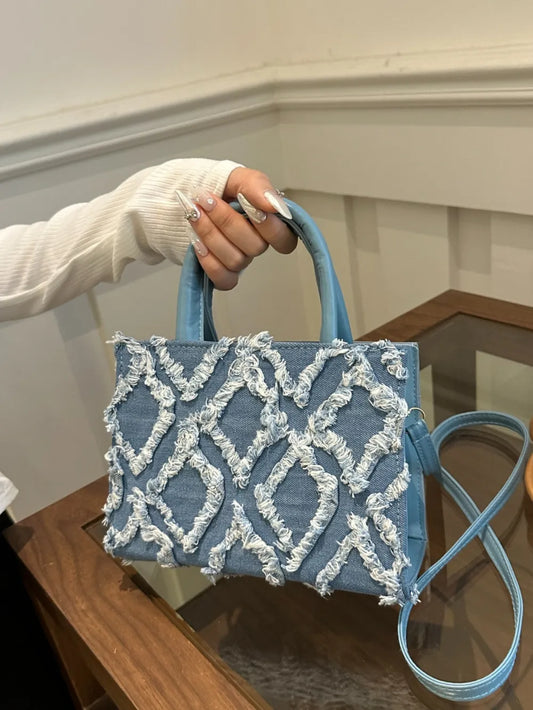Raw Hem Denim PU Leather Handbag