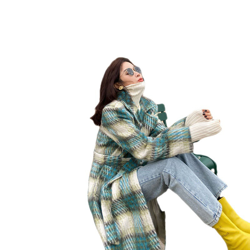 Winter Woollen Overcoat Women Casual Plaid Long Coats Office Lady Y2k Clothing Korean Fashion Trench Coats Jacket