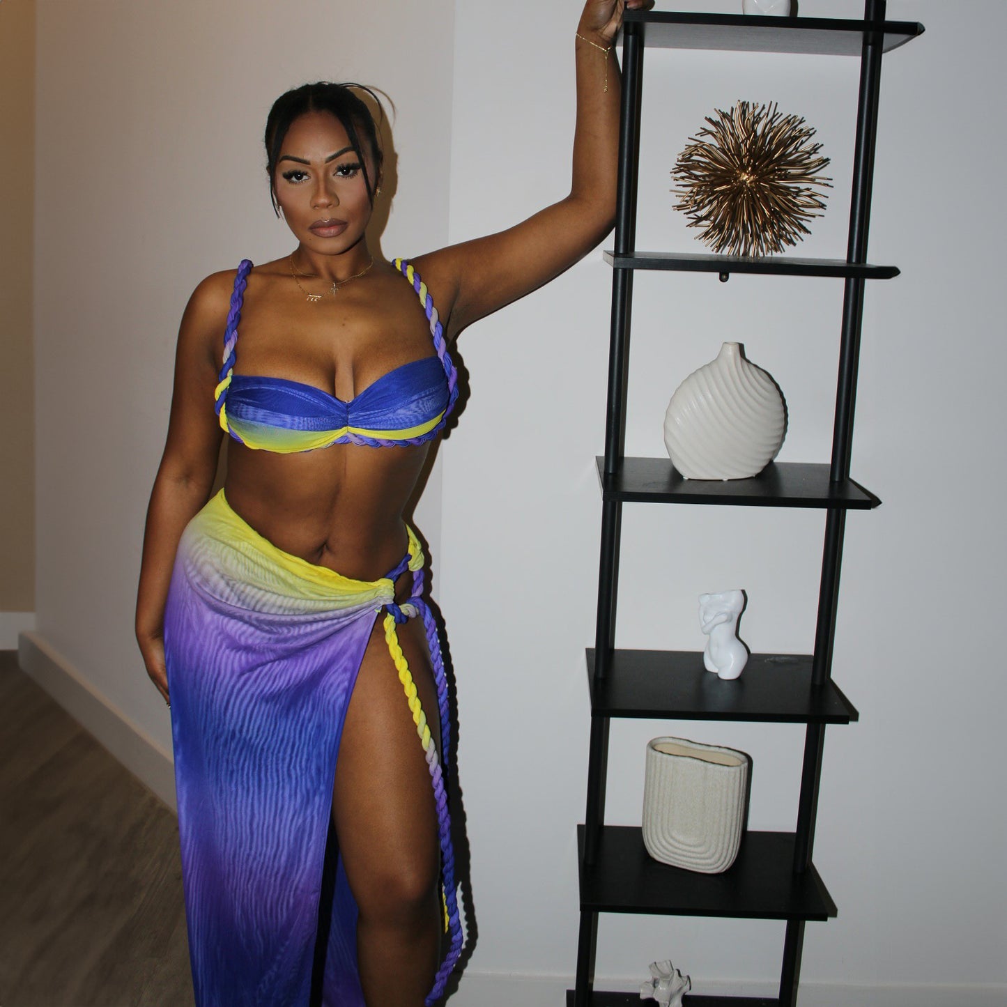 KISCHA Beach vacation swimsuit woven camisole top split skirt set