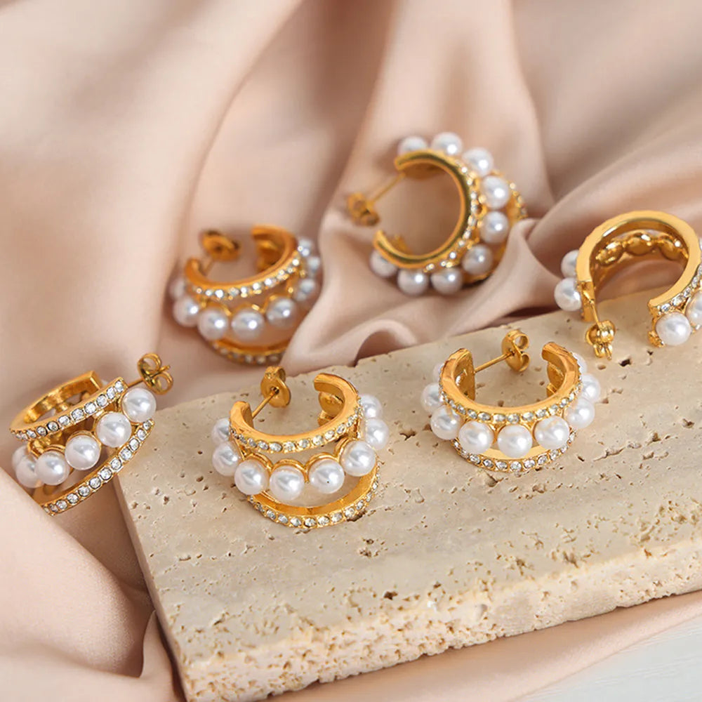 Badge of Pearls Titanium Steel C-Hoop Earrings