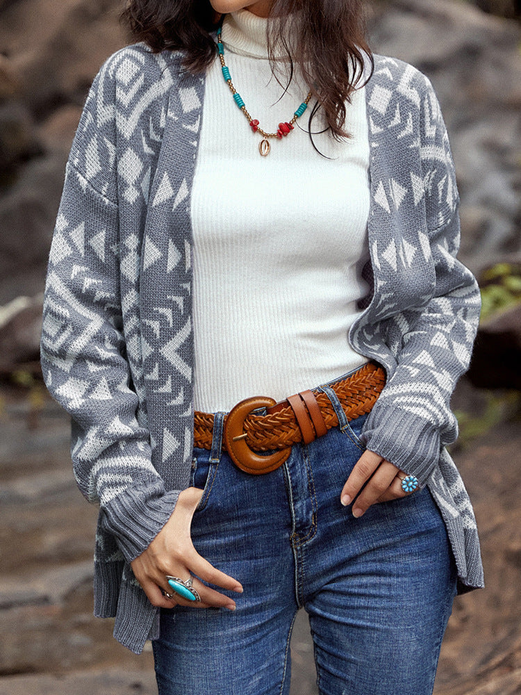 Autumn And Winter Cardigan Sweater Geometric V-Neck Long-Sleeved Coat Top Women