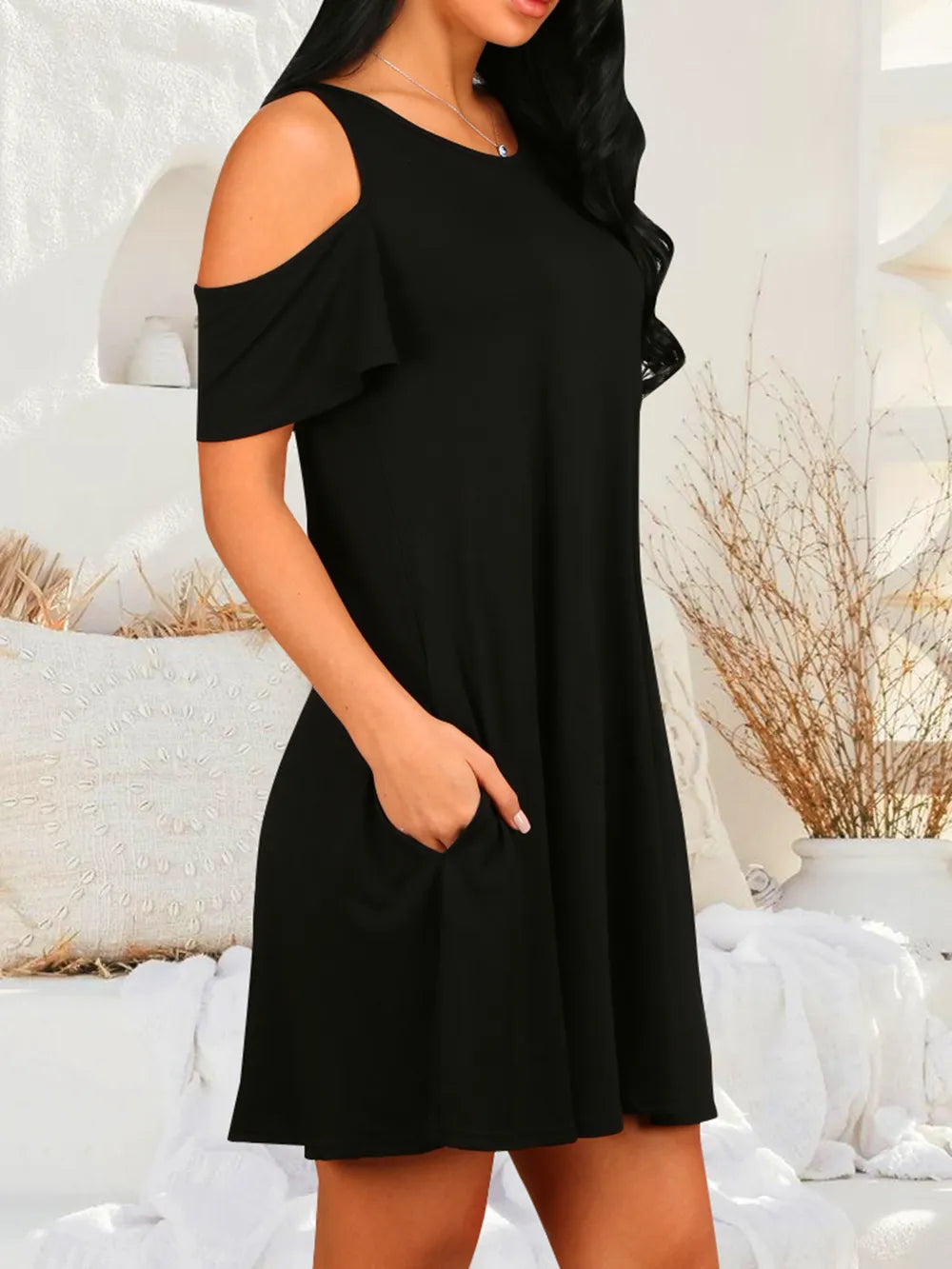 BELLA'S Round Neck Cold Shoulder Short Sleeve Dress