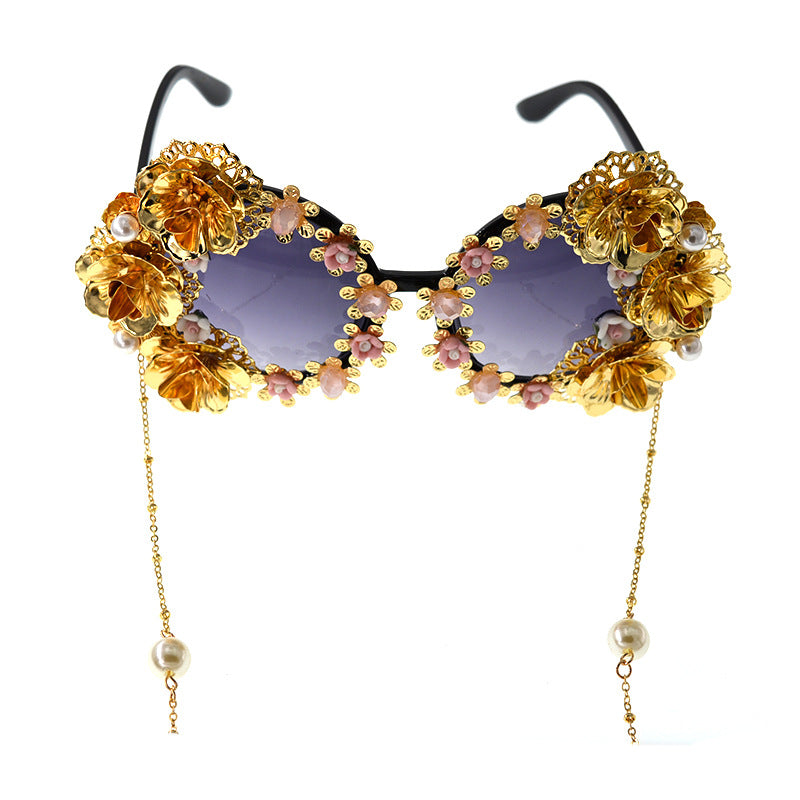 POETIC FLOWERS Women's sunglasses Baroque retro hollow carved black round frame sunglasses flower butterfly beach glasses