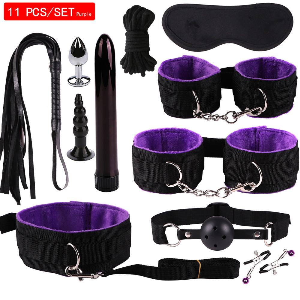 LA BELLA 11PCS/SET Sex Toys For Couples Exotic Accessories Nylon Silicone Sex Bondage Set Lingerie Handcuffs Whip Rope Anal Vibrator