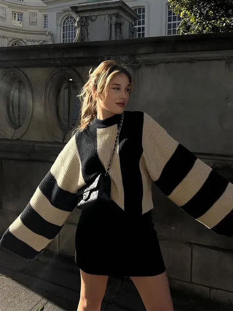 Fashion Striped Turtleneck Sweater For Women Elegant Loose Long Sleeve Pullover Autumn Vintage Winter High Street Sweaters