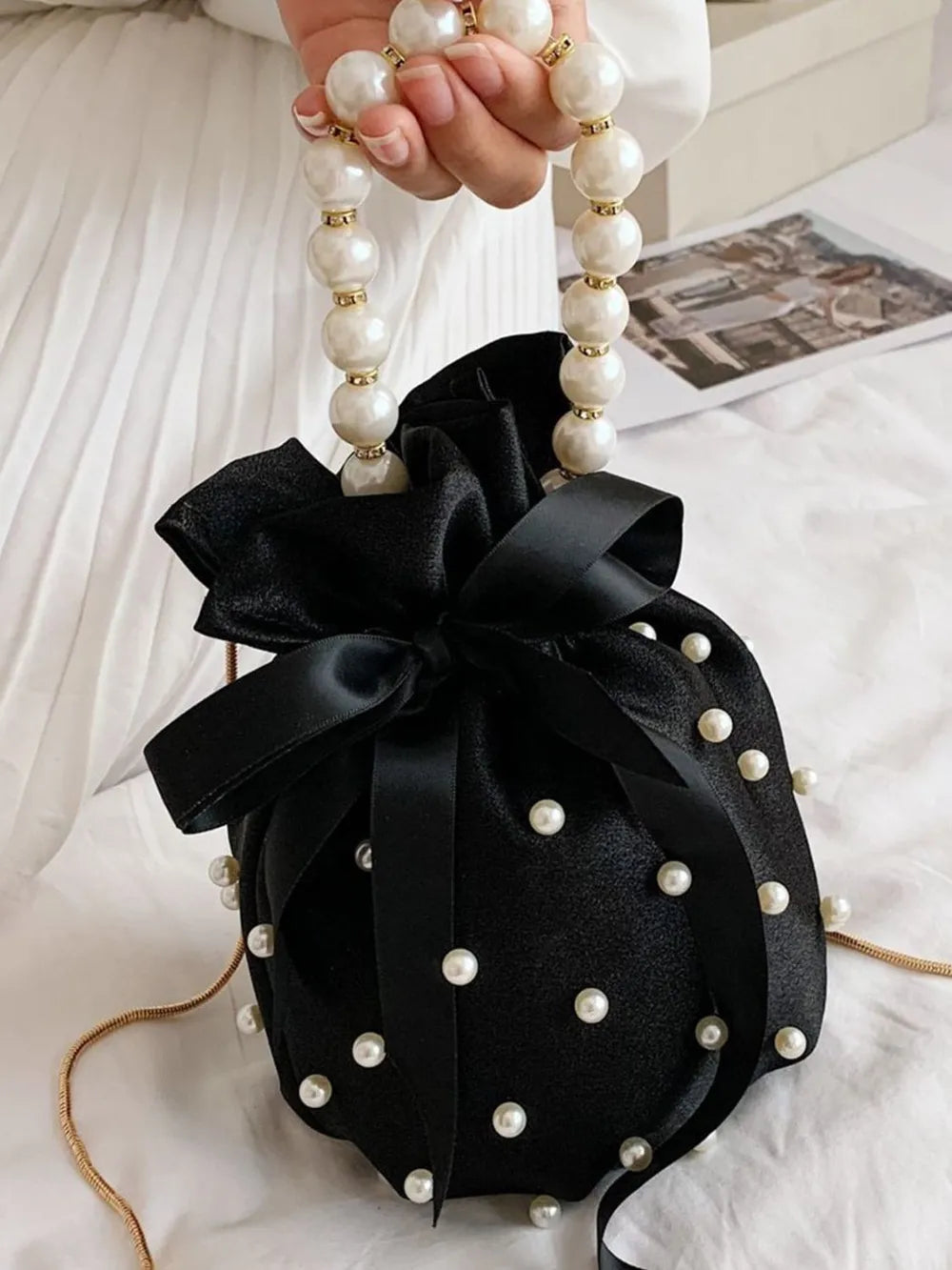 Badge of Pearls Detailed Solid Color Bucket Bag