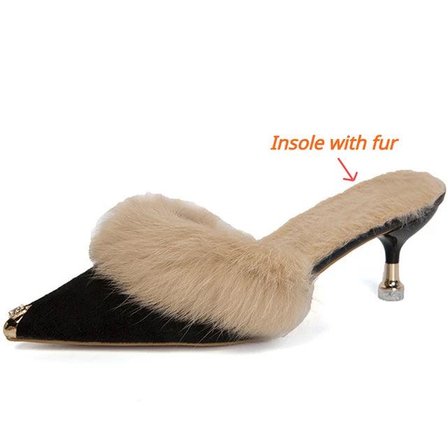 Women High Heel Shoes Fur Slippers Mules Pointed Toe Furry Slides Fashion Elegant Luxury Designer Flip Flops Office Pumps