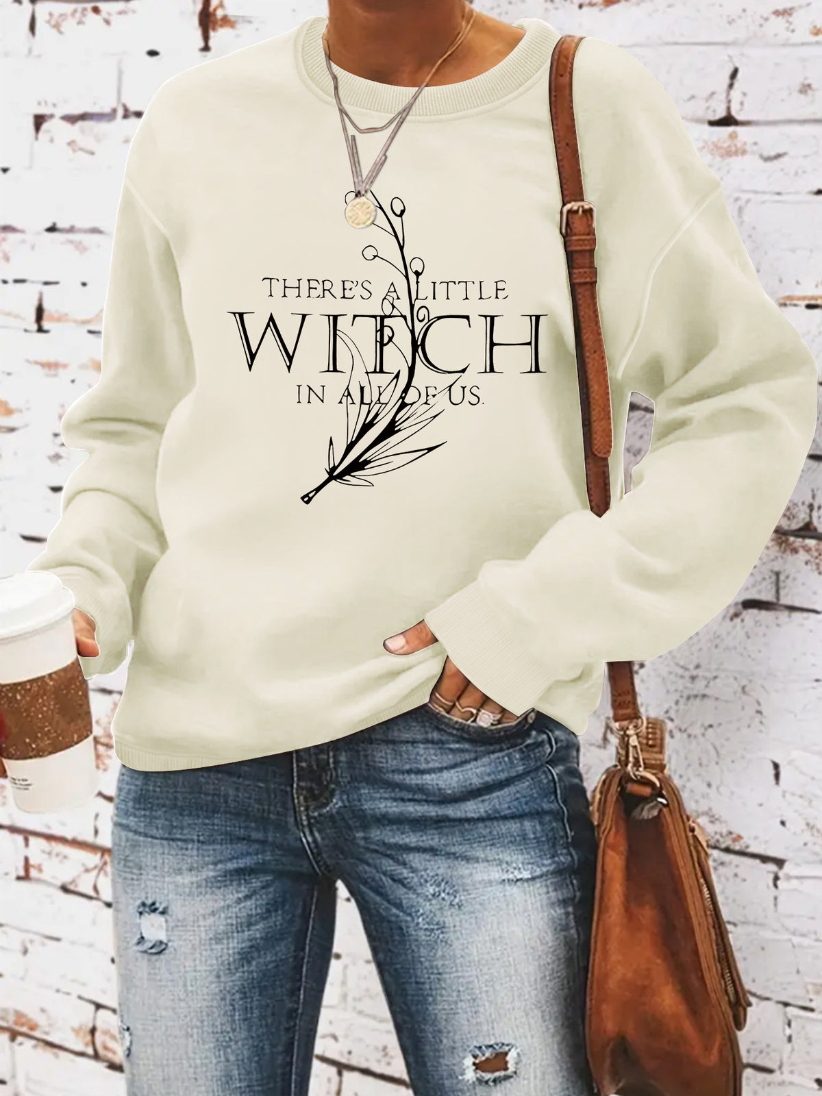 Living in a witch print round neck hoodie
