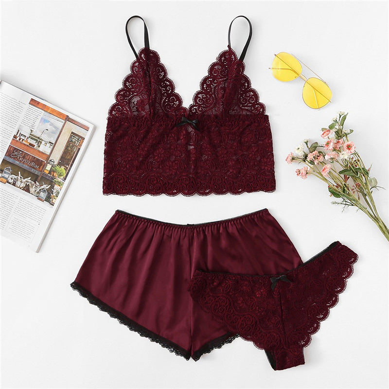 LA BELLA Army Green Sexy Floral Lace Cami Lingerie Set Burgundy Women Bra And Brief Sets Wireless Sexy Underwear Bra Set