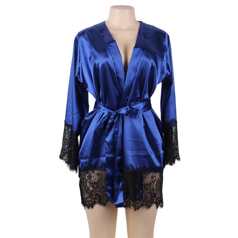 LA BELLA Silk Robe Long Sleeves Lingerie Gowns Lace Patchwork Short Kimono Sexy Bride Robes Wedding