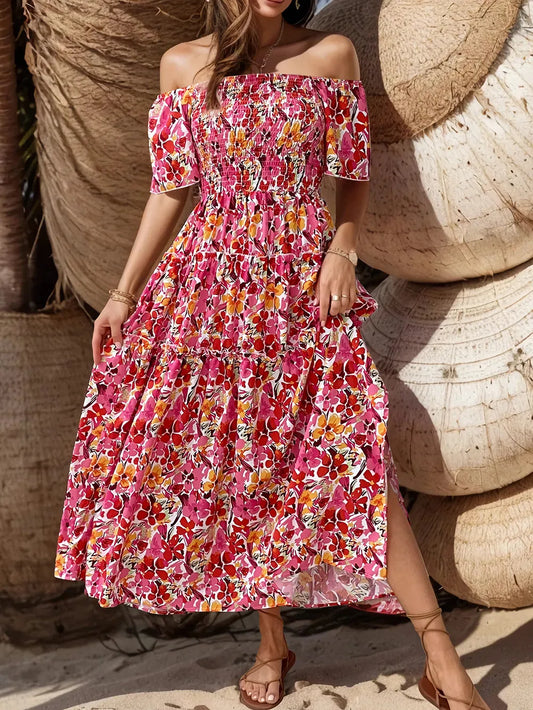 Bohemian style one shoulder bubble sleeve floral print dress
