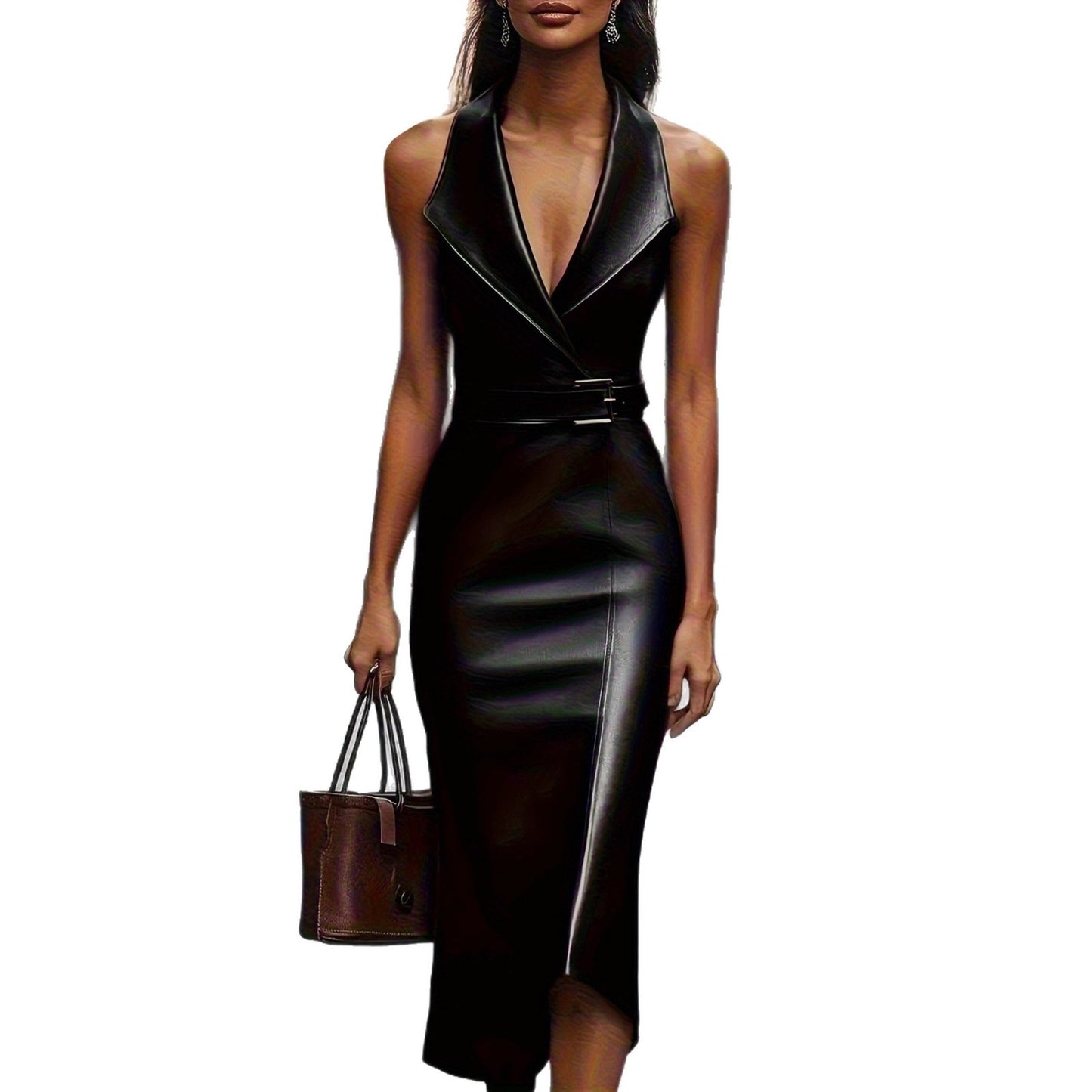 Fashion Women's Elegant Waist-Cinching Belt Irregular Fitted PU Leather Dress