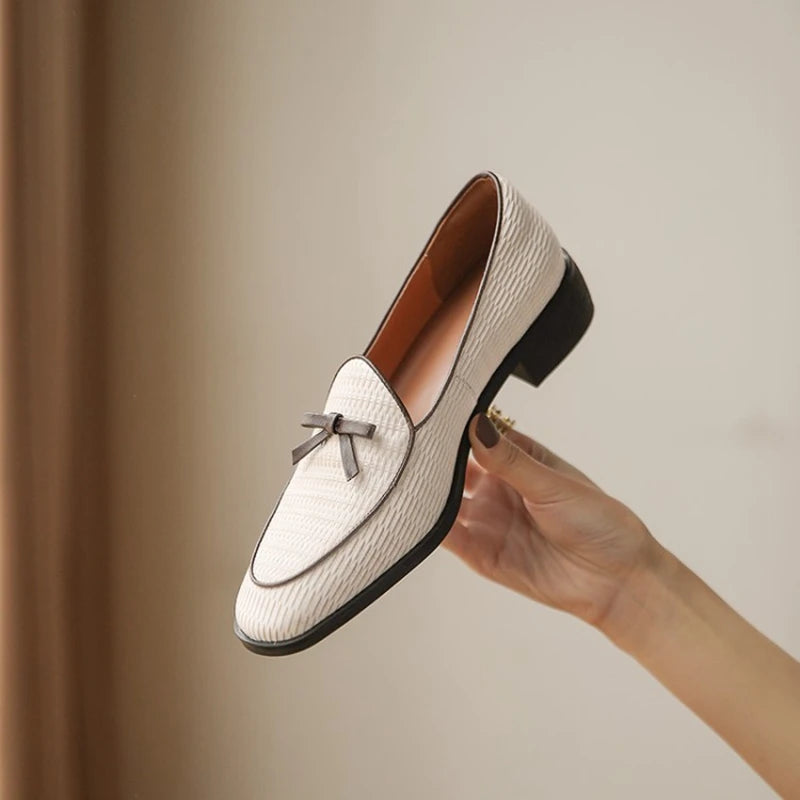 Autumn Women Loafers Genuine Leather Shoes for Women Round Toe Chunky Heel Shoes Casual Bow-knot Low Heel Women Pumps
