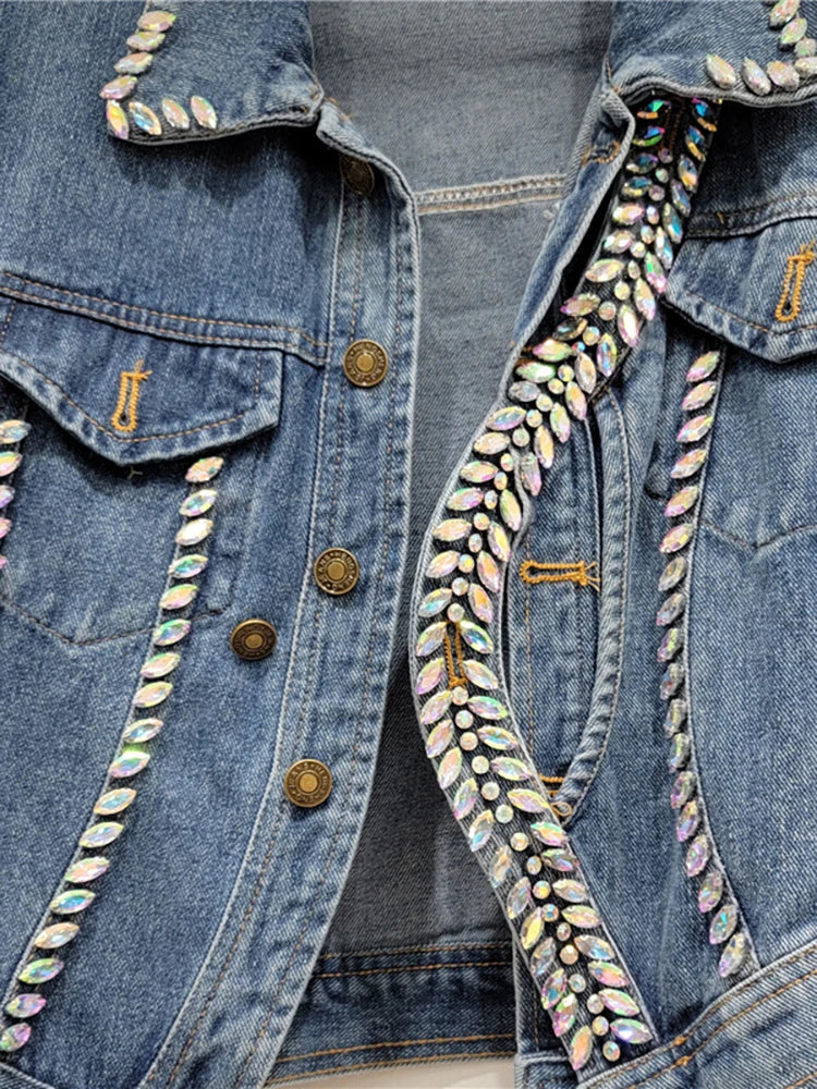 Women's Denim Coats Splicing Asymmetry Crystal Diamonds Single Breasted Female Jackets Autumn New Fashion