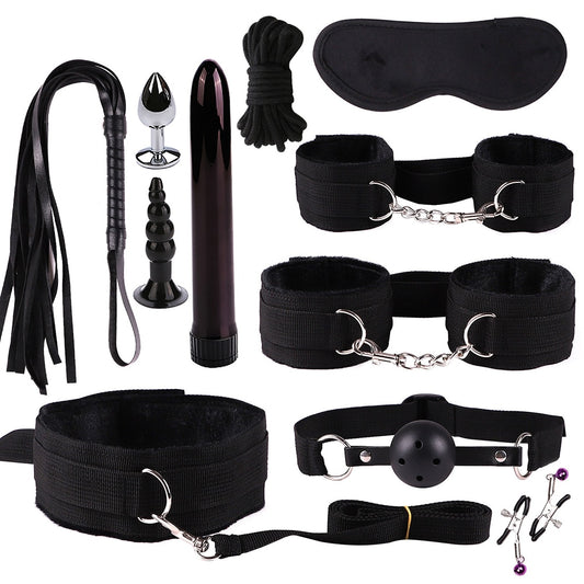 LA BELLA 11PCS/SET Sex Toys For Couples Exotic Accessories Nylon Silicone Sex Bondage Set Lingerie Handcuffs Whip Rope Anal Vibrator