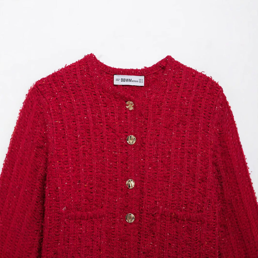 Autumn European and American style fashionable round neck single breasted knitted jacket for women
