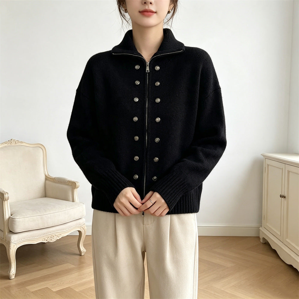 Double row decorative buckle solid color zipper sweater