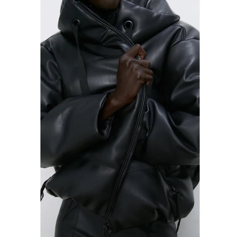 Fandy Lokar Hooded Faux Leather Parkas Women Fashion PU Leather Coats Women Elegant Zipper Cotton Jackets Female Ladies IT