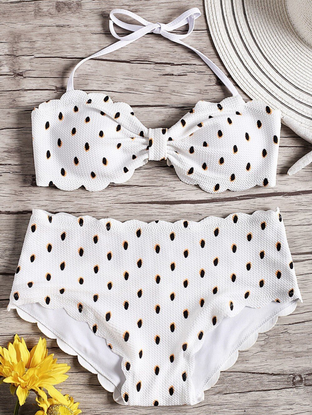 Bikinis Set Vintage Wavy Edge Dot Print Halter Strapless Swimwear Sexy Two Piece Women