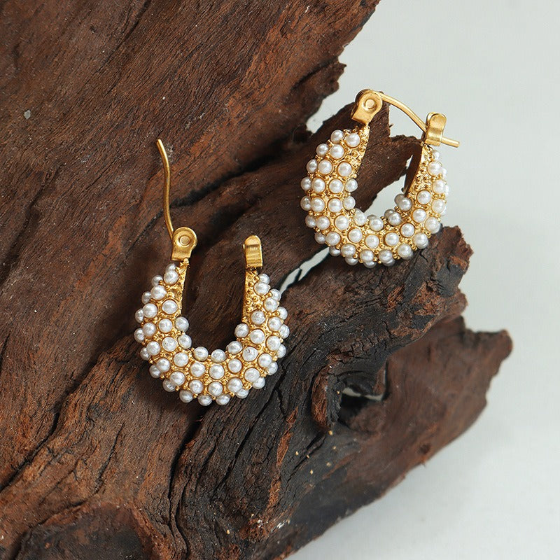 New French socialite's unique baroque style imitation pearl temperament U-shaped earrings and earrings