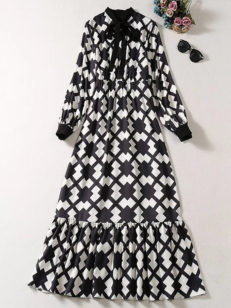 New High Quality Spring Autumn Fashion Party Black And White Printed Lace Up Slim Vintage Elegant Casual Long Dresses For Women