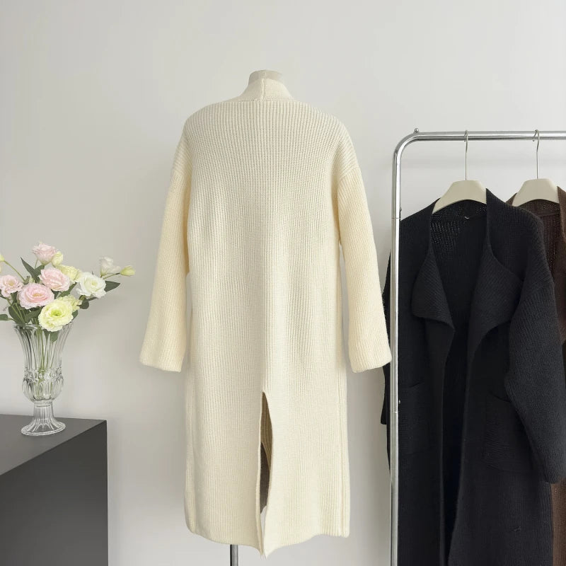 Autumn Winter Women Long Knitted Cardigan With Pockets Lazy Style Warm Loose Causal Sweater Jacket Versatile Overcoat