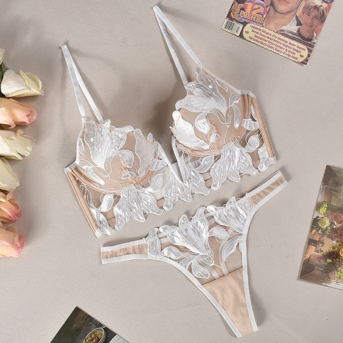 LA BELLA Sexy lingerie ultra-thin deep V-embroidered lace lingerie women's plus size bra set bra