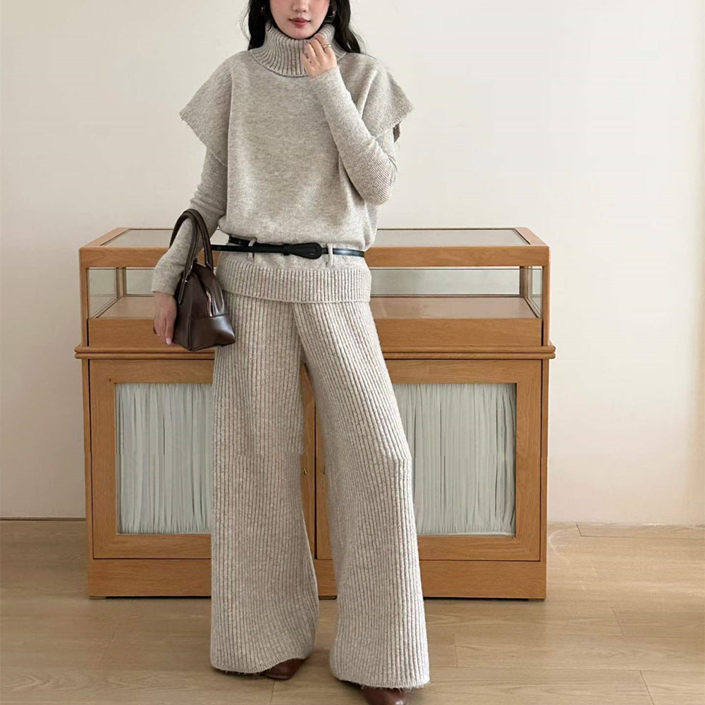 High neck sleeveless sweater, long sleeved base shirt, wide leg pants, three piece set