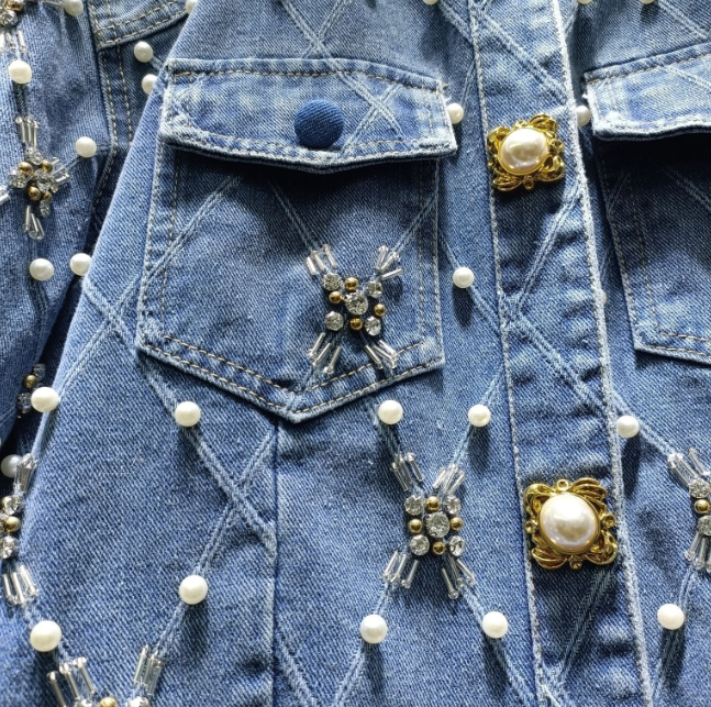 Women's Denim Jacket O-neck Embroidered Flares Diamond Badge of Pearls Buttons Plaid Elegant Coat  Autumn