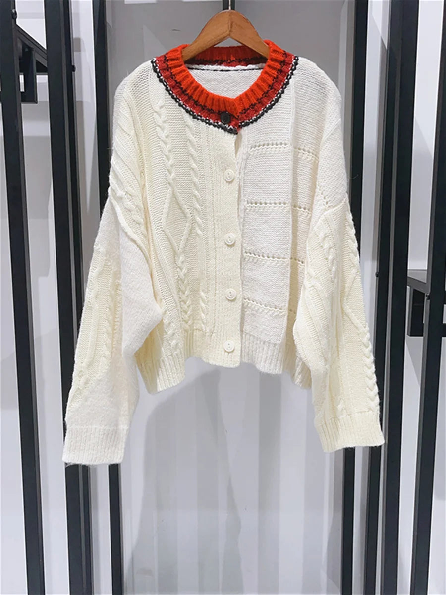 Contrast Color O-Neck Women Twisted Knitted Sweater Long Sleeve Single Breasted Asymmetry Autumn Female Cardigan