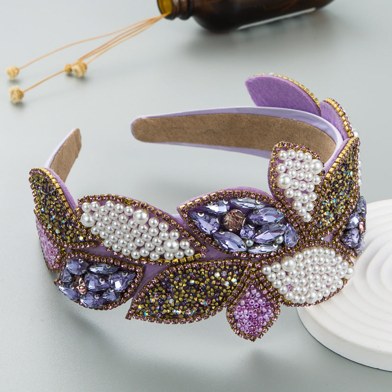 Headband Fashion Ball Rhinestone Pearl Leaf-Shaped Baroque Headband Exaggerated Wide Side