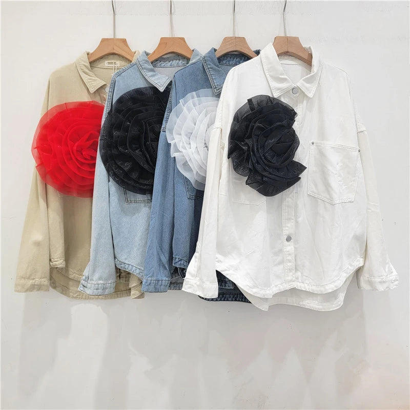Pleated Flower Decoration Denim Shirt Top For Women  Autumn New Fashion Loose Versatile Casual Blouse Female