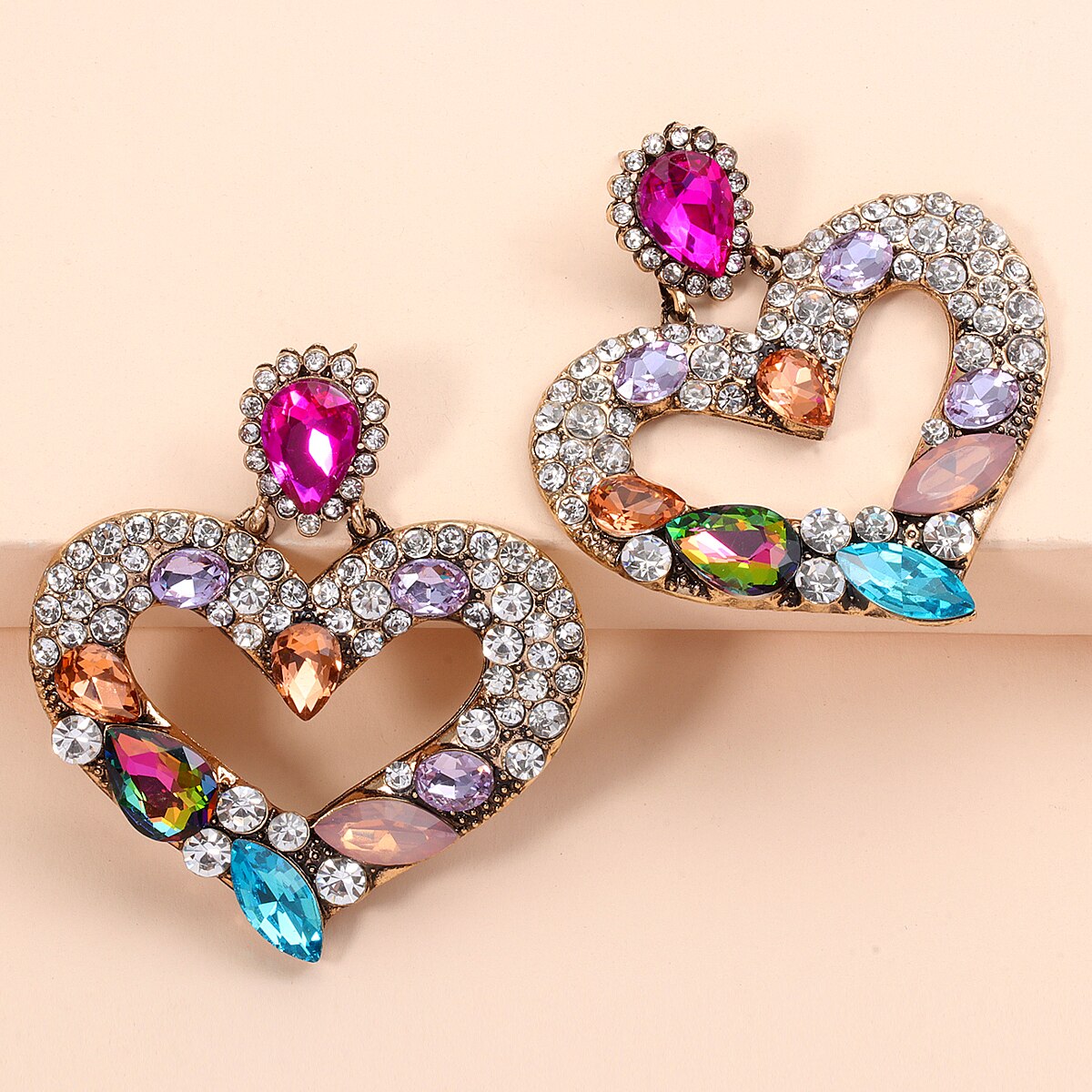 Juran Fashion Heart Shaped Crystal Drop Earrings for Women Colorful Stones Luxury Jewelry Baroque Gorgeous Earrings