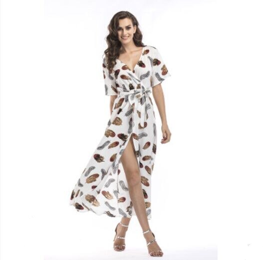Dress Short Sleeve A Line  Floral Print Chiffon Deep V-Neck Split Sexy Women Summer Dresses Bohemian Beach Elegant Party Vestido