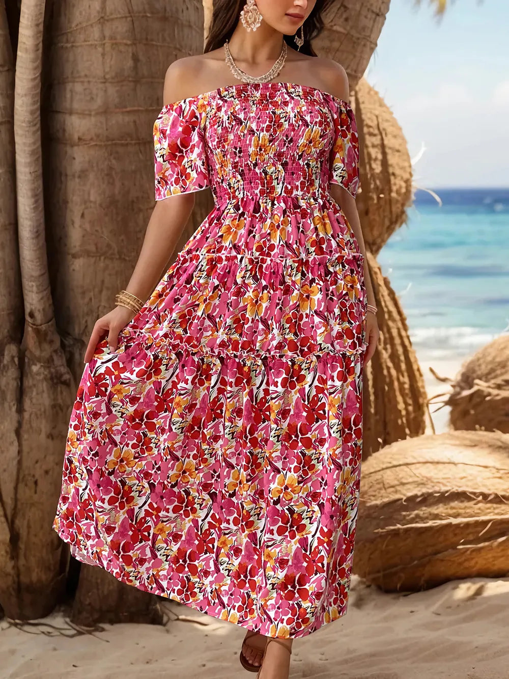 Bohemian style one shoulder bubble sleeve floral print dress