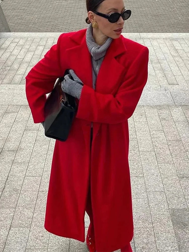 Red Long Wool Coat Lapel Elegant Single Breasted Woolen Coats Fashion Slim Fit Warm Pocket Overcoat Winter Women's Outwear Tops