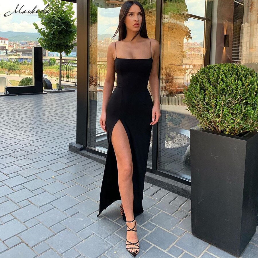 Macheda Autumn Women Spaghetti Strap Dress Autumn Sexy Split Solid Slim Lady Ankle Length Vintage Wear Dress