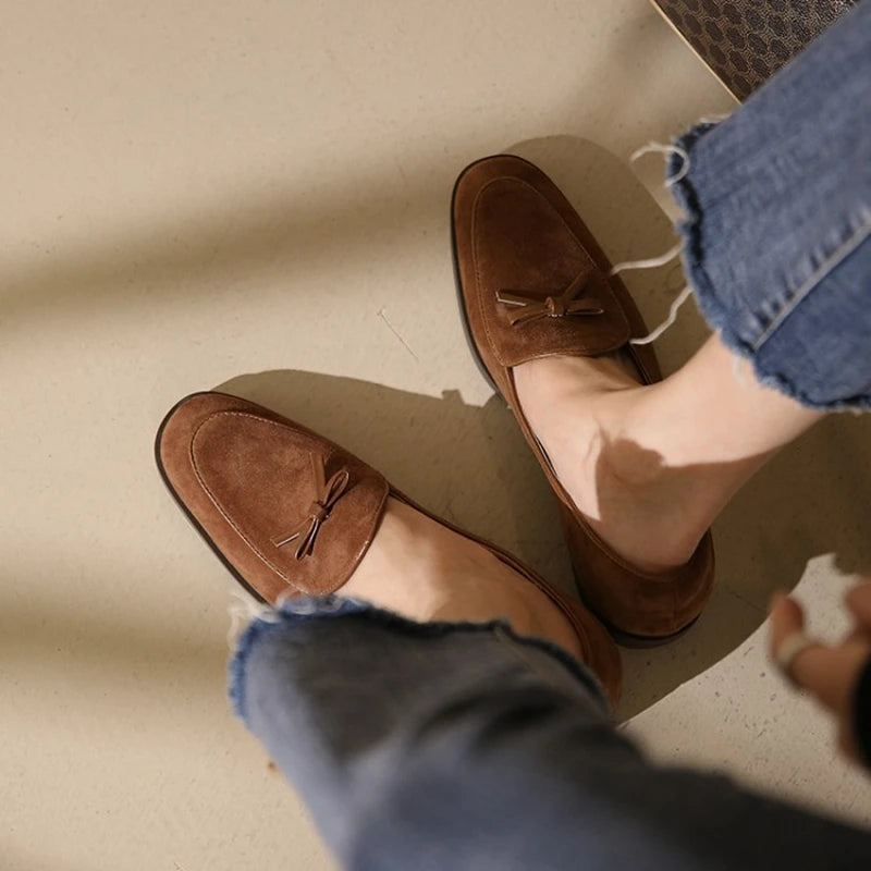 Autumn Women Loafers Genuine Leather Shoes for Women Round Toe Chunky Heel Shoes Casual Bow-knot Low Heel Women Pumps