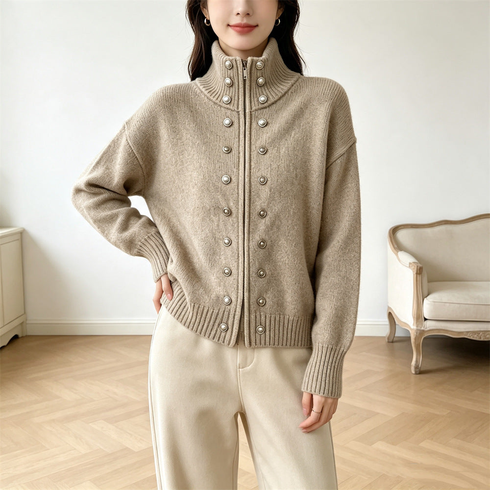 Double row decorative buckle solid color zipper sweater