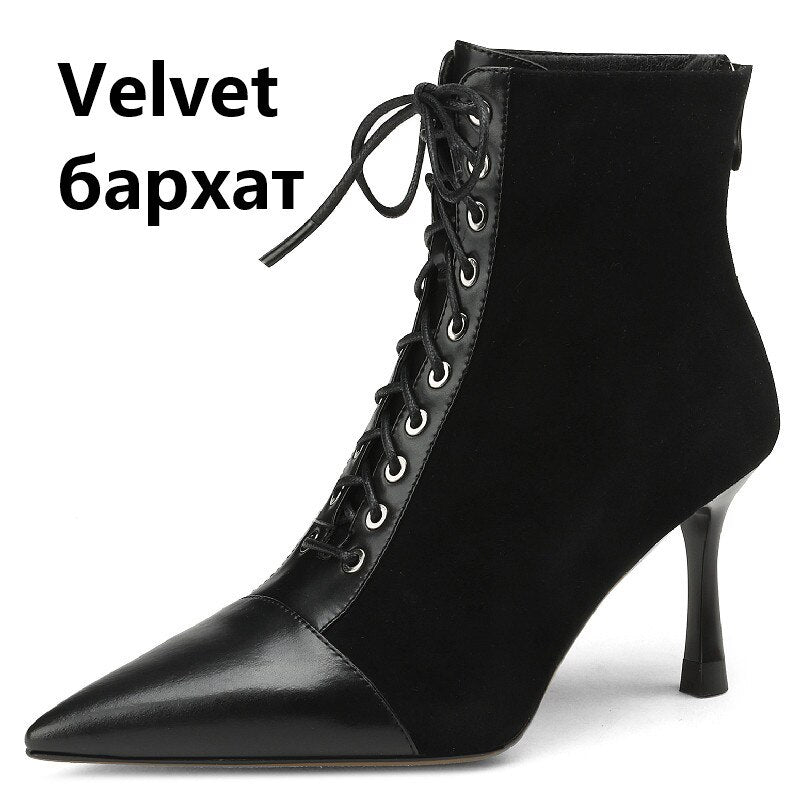 Elegant Women Ankle Boots Pointed Toe Thin High Heels Female Office Genuine Leather Cross-Tied Shoes Woman