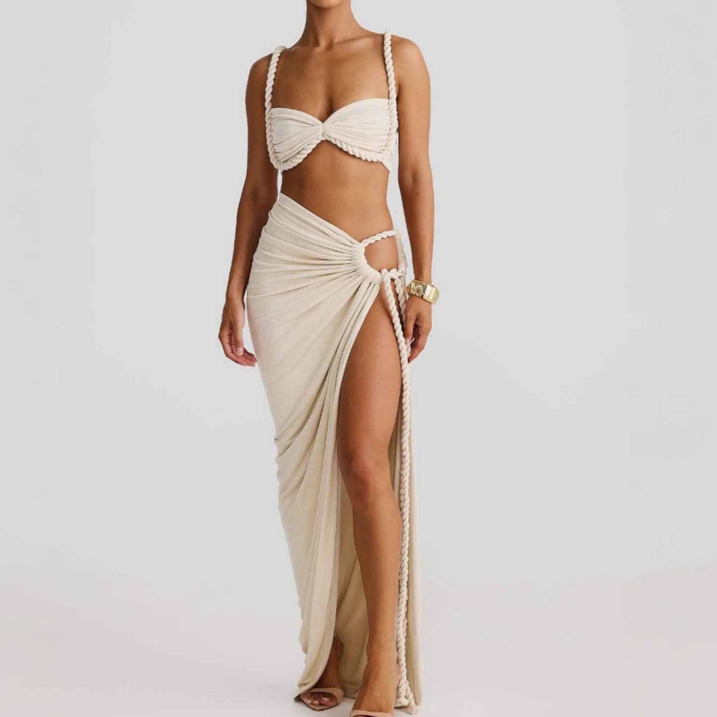KISCHA Beach vacation swimsuit woven camisole top split skirt set