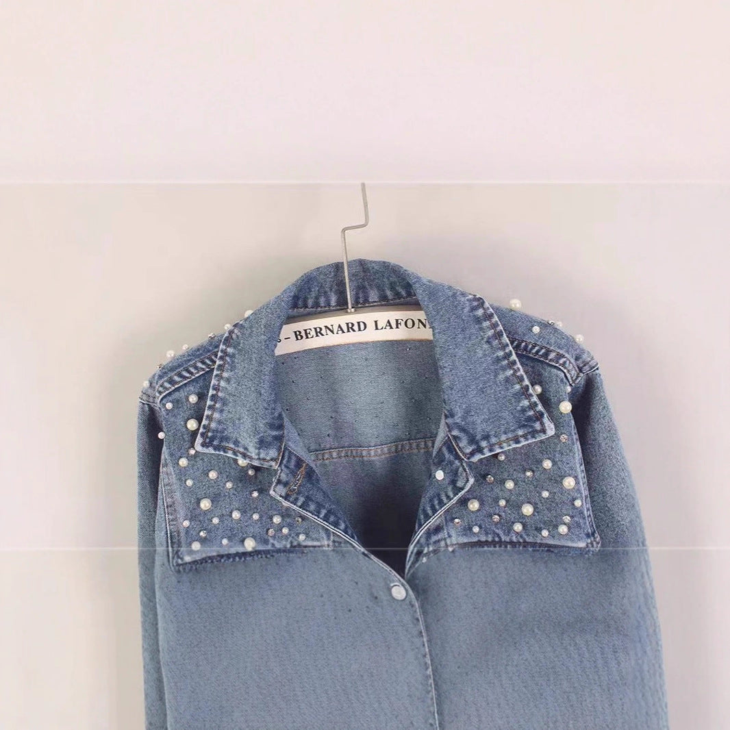 Women's Denim Jacket with Beading Rhinestonesand Pearls, Fashionable Ulzzang Outerwear