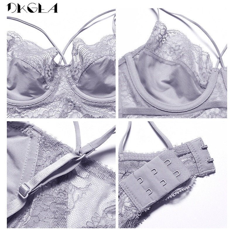 LA BELLA New High Waist Gray Bra Embroidery Lingerie Sets Fashion Brassiere Transparent Black Deep V Lace Underwear Women Bra Set